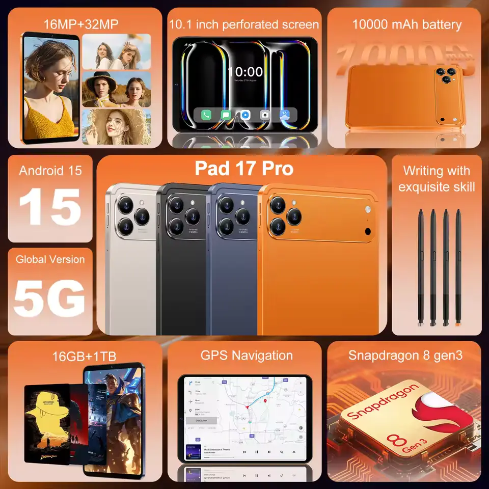 17 PRO MAX Tablet 10-1” FHD Ekran, 10-000 mAh 1 Tb Hafıza 16 GB Ram Batarya + Klavye + Mouse + Kalem Turuncu